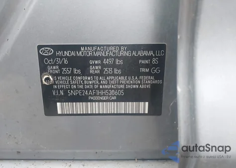 2017 Hyundai Sonata z USA, uszkodzony, nr VIN 5NPE24AF1HH520605